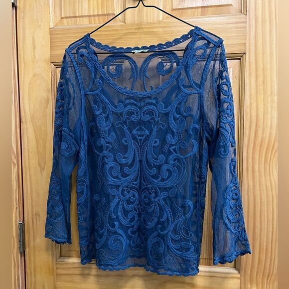 Express Tops - Express size Med. blue sheer embroidered blouse